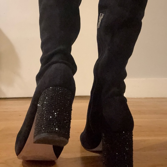 Black Suede Jewel Badgley Mischka Evalina Rhinestone Heel Boots Size 5 - Picture 6 of 7
